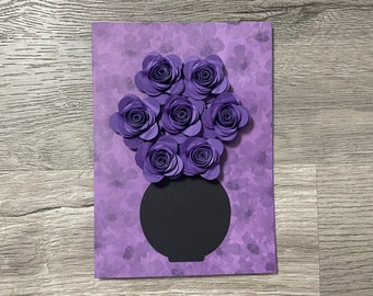 Floral 3D Greeting Card - Dark Purple Flower Arrangement on Printed Purple Floral Base