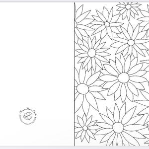 May include: A black and white printable card with a floral design. The card is blank on the left side and has a floral pattern on the right side. The floral pattern is made up of simple daisy-like flowers.