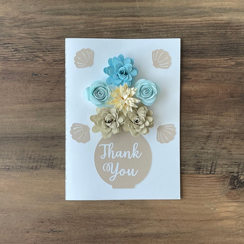 Thank You Floral Greeting Card Beach Theme Blues and Tans with Sea Shells image 1