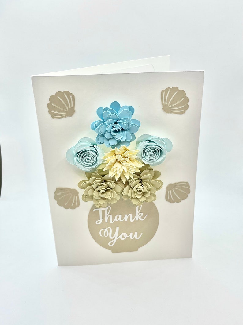 Thank You Floral Greeting Card Beach Theme Blues and Tans with Sea Shells image 4