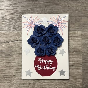 Happy Birthday Greeting Card - Patriotic America, Red White and Blue with Stars and Fireworks