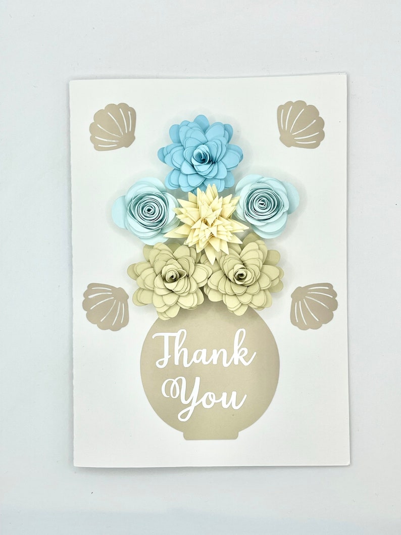 Thank You Floral Greeting Card Beach Theme Blues and Tans with Sea Shells image 3