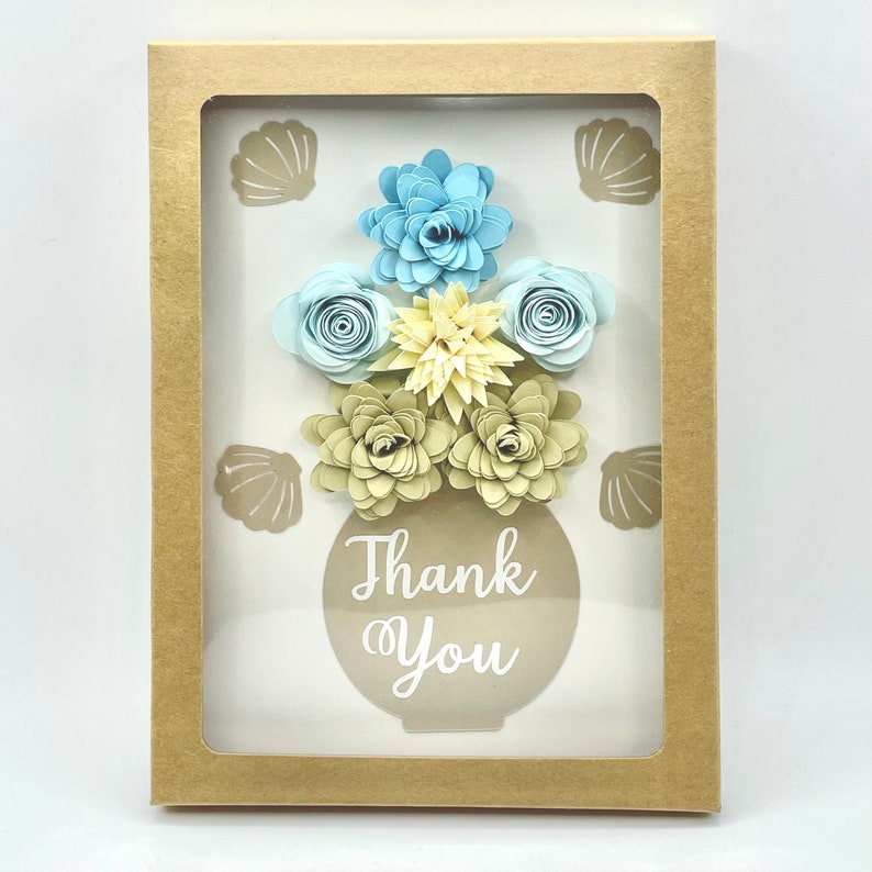 Thank You Floral Greeting Card Beach Theme Blues and Tans with Sea Shells image 2