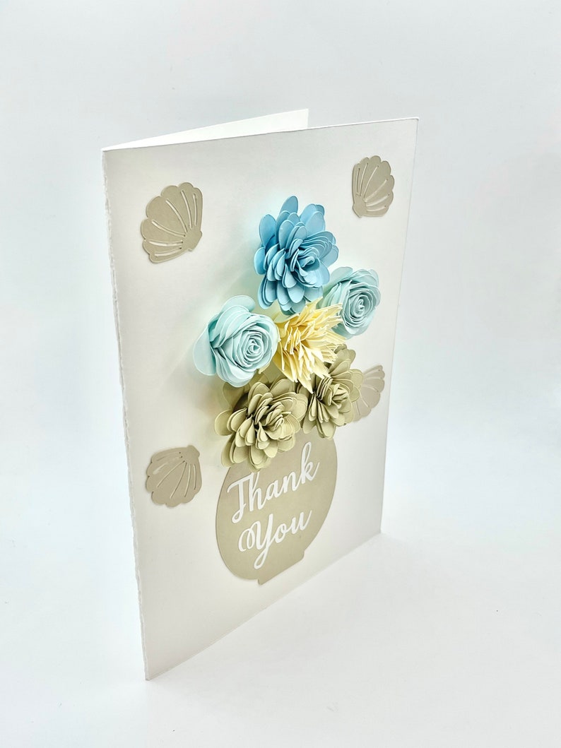 Thank You Floral Greeting Card Beach Theme Blues and Tans with Sea Shells image 6