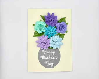 Tarjeta de felicitación floral para el Día de la Madre - 3D azules y morados