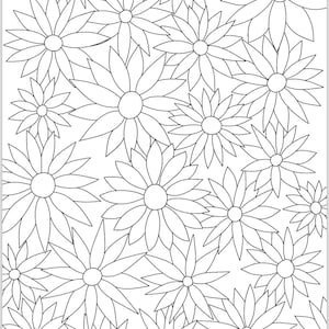 May include: Black and white floral coloring page featuring a dense arrangement of daisy-like flowers. The flowers have pointed petals and circular centers, creating a repeating pattern. The image is suitable for coloring.