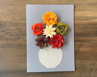 Floral Greeting Card Customizable - 3D Fall Color Flowers on Gray