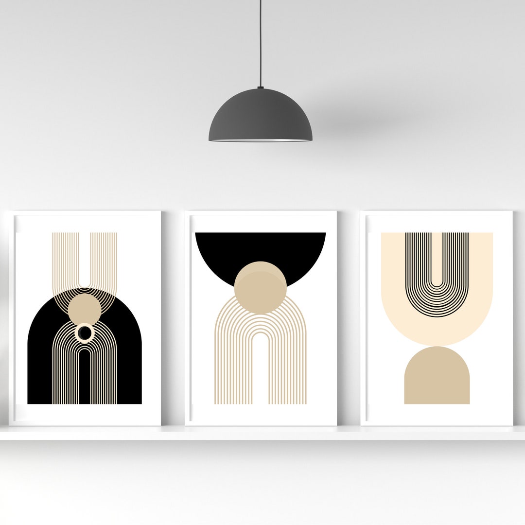 Mid Century Modern Wall Art Print Set of 3, Black and Beige Abstract ...