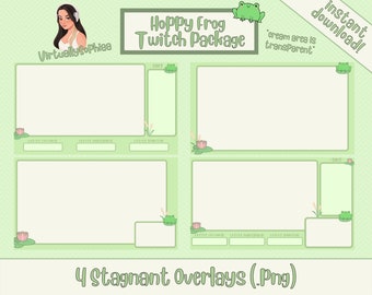Hoppy Frog Twitch Overlays | Overlays, Panels, Animated Scenes | Green and Pink Cottage Core Cozy Cute Twitch Stream Pack