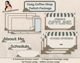 Cozy Coffee Shop Theme Twitch Package / Superposiciones, paneles y escenas animadas / Verde y marrón Lindo Cottage Core Coffee Twitch Stream Pack