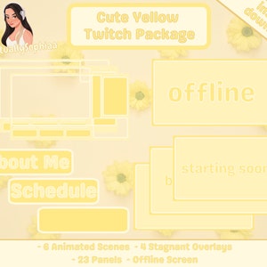 May include: A yellow and white Twitch package with 6 animated scenes, 4 stagnant overlays, 23 panels, and an offline screen. The package includes a yellow offline screen with the word "offline" in white text.