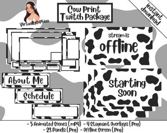 Animated Cow Theme Twitch Overlay Package | Overlays, Panels, and Scenes | Black and White Cottage Core Cow Print Twitch Stream Pack