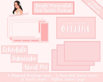 Simple Minimalistic Pink Twitch Package | Overlays, Panels, and Animated Scenes | Cute Pink Stream Pack