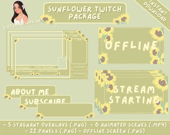 Animated Sunflower Twitch Overlay Package | Overlays, Panels, and Animated Scenes | Green and Yellow Cottage Core Twitch Stream Pack