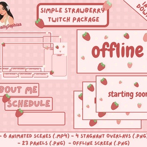 Animated Strawberry Twitch Package | Overlays, Panels, and Animated Scenes | Pink, Red, and Green Cute Cottage Core Theme Stream Pack