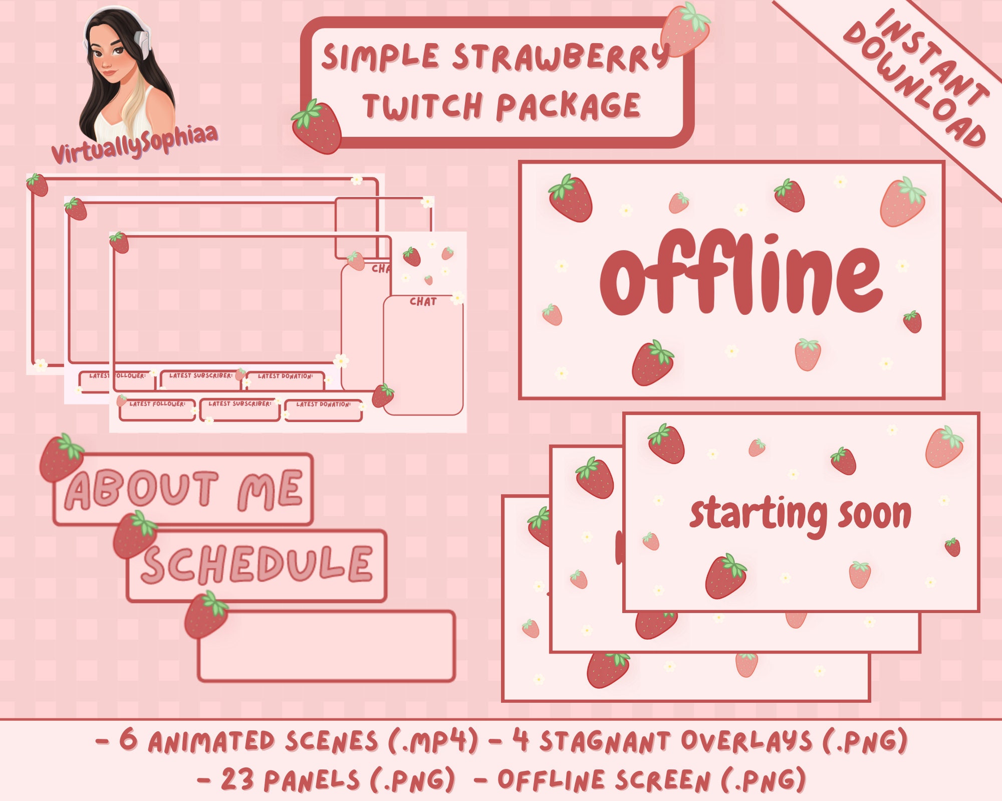 Animated Strawberry Twitch Package | Overlays, Panels, and Animated Scenes | Pink, Red, and Green Cute Cottage Core Theme Stream Pack