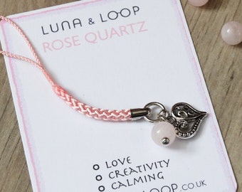 Rose Quartz Gemstone Love Creativity Calming Lariat Phone Dangle Bag Purse Charm Gift