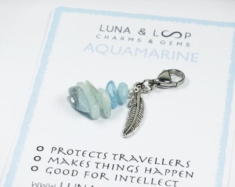 Aquamarine Gemstone & Silver Feather Charm Bag Purse Dangle | Travellers, Intellect, Responsibility
