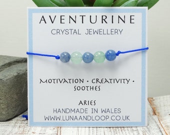 Bracelet - Blue Green Aventurine Gemstone Cord - Adjustable Stacking | Motivation, Creativity, Soothes | Aries - Boho Jewellery