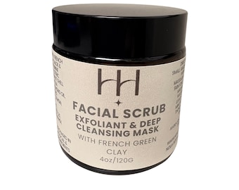 May include: A cylindrical jar with a black lid containing facial scrub, exfoliant, and deep cleansing mask with French green clay. The label features the text FACIAL SCRUB EXFOLIANT & DEEP CLEANSING MASK WITH FRENCH GREEN CLAY 4oz/120G.