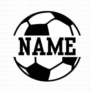Op de afbeelding: Zwart-wit voetbalontwerp met het woord "NAME" in vette letters in het midden. De afbeelding bevat ook de tekst "SVG & PNG" en "INSTANT DOWNLOAD". Geschikt voor digitale knutselprojecten.