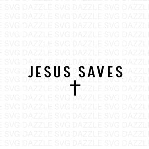 May include: A black and white graphic design featuring the words "JESUS SAVES" with a cross symbol. Below the text is the phrase "SVG & PNG INSTANT DOWNLOAD". The design is suitable for digital art projects.
