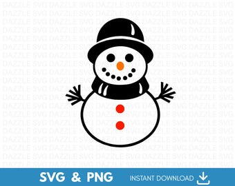 Könnte beinhalten: Eine schwarz-weiße Schneemann-Illustration mit schwarzem Hut, Schal und Armen. Der Schneemann hat eine orangefarbene Nase, schwarze Augen und Mund sowie zwei rote Knöpfe. Der untere Teil des Bildes enthält den Text "SVG & PNG" und "INSTANT DOWNLOAD".