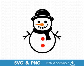 Könnte beinhalten: Eine schwarz-weiße Schneemann-Grafik mit schwarzem Hut, Schal und Stockarmen. Der Schneemann hat eine orangefarbene Karottennase und schwarze Punktaugen und -mund. Zwei rote Kreise befinden sich auf dem Körper des Schneemanns. Der Text "SVG & PNG" und "SOFORT-DOWNLOAD" ist enthalten.