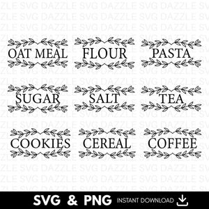 May include: Black and white SVG and PNG digital files featuring labels for kitchen organization. Labels include "Oat Meal", "Flour", "Pasta", "Sugar", "Salt", "Tea", "Cookies", "Cereal", and "Coffee".