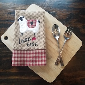 Embroidered kitchen towel Dish towel Tea towel linens applique fabric bordered sheep towel primitive dish towel