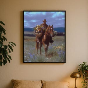 Poster con cowboy western e fiori selvatici – Arte murale western da sogno, stampa estetica luminosa