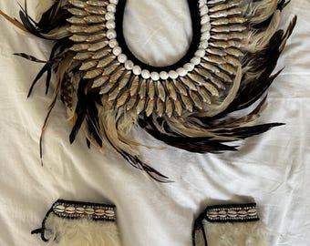 Festival Feather & Shell Collar Set | Necklace + Wrist Cuffs | Statement Piece | Wall Décor
