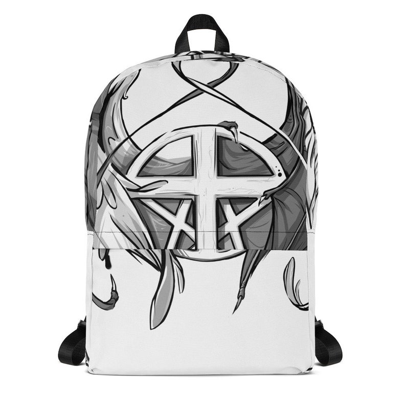 May include: A white backpack featuring a black and white graphic design of a circle with a cross inside and two stylised figures on either side.
