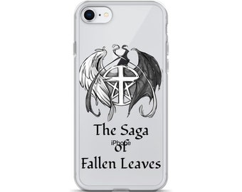 Peut inclure: Une coque de téléphone transparente avec un graphique noir et blanc d'un ange et d'un démon avec des ailes. Le texte "The Saga of Fallen Leaves" est imprimé sur la coque.