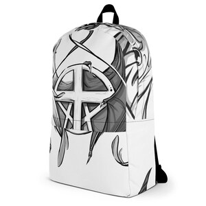 May include: A white backpack with a black and grey graphic design featuring a cross inside a circle. The design is repeated on the front and back of the backpack.