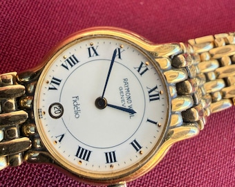 Vintage Raymond Weil Fidelio Schweizer Kleid Uhr Gold Ton römische Ziffer Armband Datum Uhr