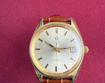 Vintage Omega Seamaster Automatikuhr Datum | Swiss Made Gold Ton Herren Armbanduhr | braunes Lederband | Sammler Omega Uhr