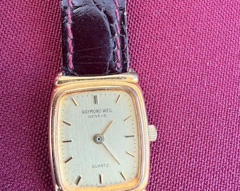 Vintage Raymond Weil Genf Tank Uhr 18K Gold Galvanisierte Schweizer Quarz Rechteckige Kleid Uhr Frauen Lederband