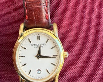 Vintage Raymond Weil Genf Schweizer Uhr Frauen 18K Gold galvanisierte Datum Uhr klassisches Kleid Uhr Lederband Geschenk für sie
