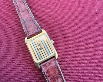 Vintage Raymond Weil Genf Uhr Frauen 18K Gold Galvanisiert Schweizer Quarz Lederband Art Deco Armbanduhr Geschenk für Sie