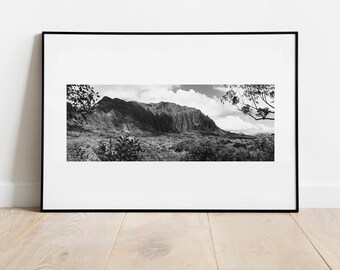 Oahu Panoramic Photo Black and White Print 084, Photography, Oahu, Hawaii, Landscape, Home Decor, Wall Decor, Boho (FRAMES NOT INCLUDED)