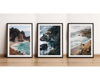 Serene Big Sur Landscape Photographs - Set of 3 Prints for Boho Minimalist Home Decor wall decor (FRAMES NOT INCLUDED)