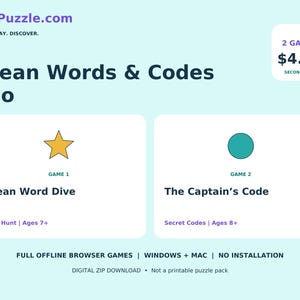 May include: A digital game bundle titled Ocean Words & Codes Duo from FabPuzzle.com. It includes two games: Ocean Word Dive, marked with a yellow star for ages 7+, and The Captain's Code, marked with a teal circle for ages 8+. It is a digital zip download.
