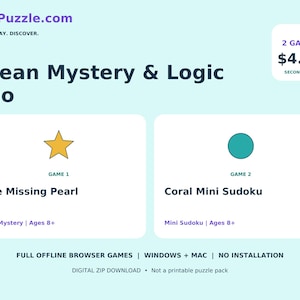 May include: A digital game bundle titled Ocean Mystery & Logic Duo from FabPuzzle.com. It includes two games: The Missing Pearl, represented by a yellow star icon, and Coral Mini Sudoku, represented by a teal circle icon. Both are for ages 8+.