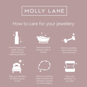 以下が含まれることがあります： 「MOLLY LANE」と「ジュエリーのお手入れ方法」というテキストが入ったグラフィック。水との接触を避け、乾燥した場所に保管するなど、ジュエリーのお手入れに関する6つのヒントが画像で示されています。背景はくすんだモーブ色です。