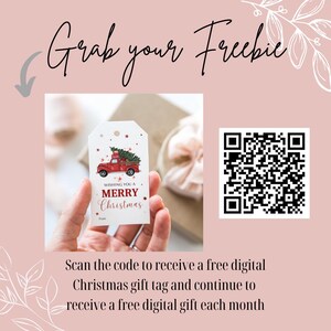 May include: A red truck with a Christmas tree on top, a white gift tag with the text "Wishing you a Merry Christmas" and a QR code. Scan the code to receive a free digital Christmas gift tag.