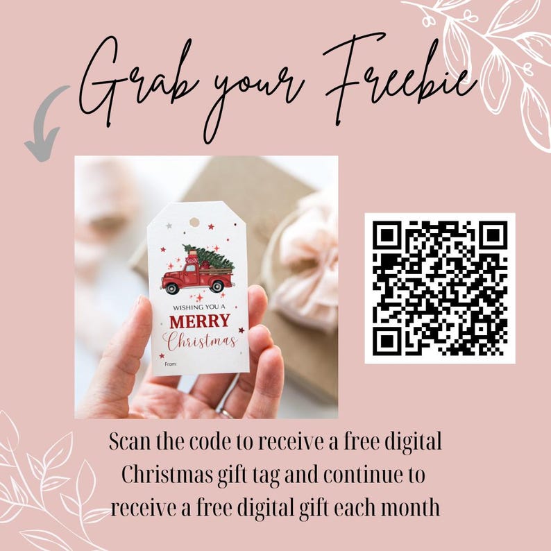 May include: A red truck with a Christmas tree on top, a white gift tag with the text "Wishing you a Merry Christmas" and a QR code. Scan the code to receive a free digital Christmas gift tag.