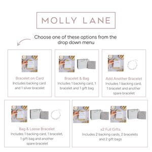 以下が含まれることがあります： 上部に「MOLLY LANE」というテキストが表示された画像。下には、「ブレスレットオンカード」、「ブレスレット＆バッグ」、「別のブレスレットを追加」、「バッグ＆ルーズブレスレット」、「x2フルギフト」など、ブレスレットのオプションが表示されています。