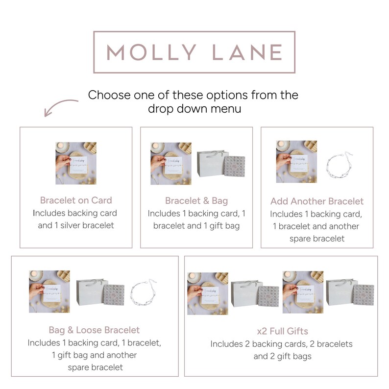 以下が含まれることがあります： 上部に「MOLLY LANE」というテキストが表示された画像。下には、「ブレスレットオンカード」、「ブレスレット＆バッグ」、「別のブレスレットを追加」、「バッグ＆ルーズブレスレット」、「x2フルギフト」など、ブレスレットのオプションが表示されています。