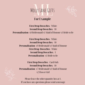 May include: A pink background with white text explaining how to personalize a gift box. The text reads "Molly Lane Gifts For Example" and includes examples of different personalization options for a gift box. The text also includes the phrase "Please leave the other quantity box at 1. If you have any questions please send a message."